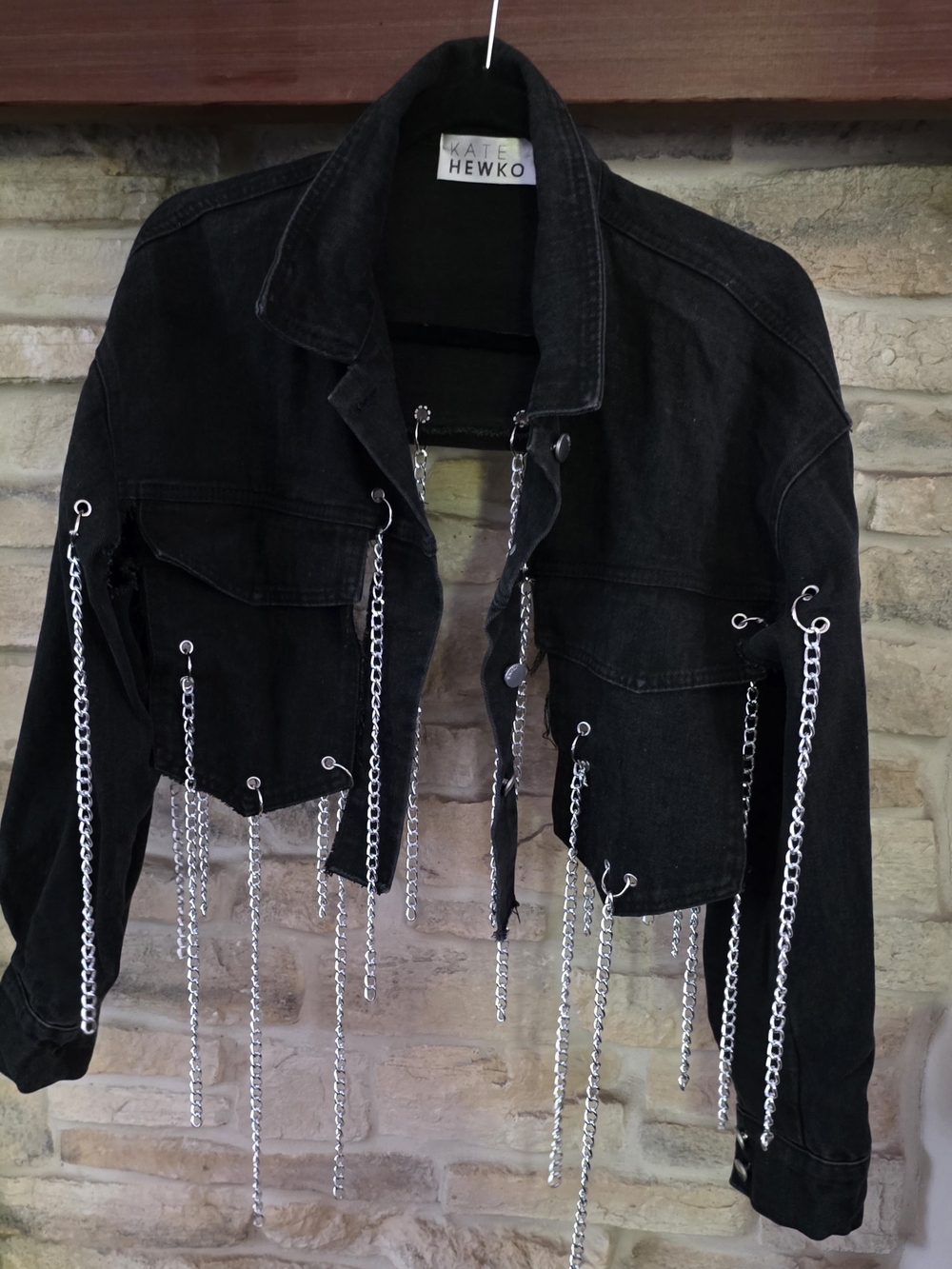 Kate Hewko Black Cropped Denim Jacket with Chain Trim